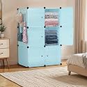 ABOUT SPACE Professional Collapsible Wardrobe - DIY 6 Cube Plastic Almirah for Clothes with Side Hanger, Door Magnet &amp; Hamer- Durable, Foldable Wardrobe for Storage |Non-Slip Storage Organizer - Blue