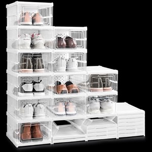 about space shoe box- 6 tier transparent shoe rack for home  collapsible shoe organiser with door-foldable sneaker box l 256 x b 345 x h 105cmpp plastic