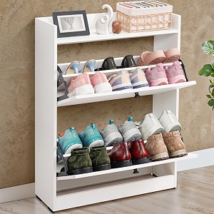 about space shoe rack for home - 3 ft 2 tier tilt out door slim shoe cabinet  12-15 pairs vintage slipper stand with anti-tipping protection amp removableadjustable panels - engineered wood - white