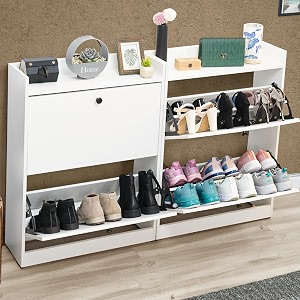 about space shoe rack for home - 3 ft 4 tilt out door slim shoe cabinet  25-30 pairs vintage slipper stand with anti-tipping protection amp removableadjustable panels - engineered wood - white