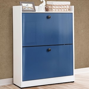 about space shoe rack for home - 3 ft 2 tier tilt out door semi-uv gloss laminate diy engineered wood shoe cabinet - anti-tip protection removable adjustable panels for 12-15 pairs - blue amp white
