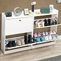 ABOUT SPACE Shoe Rack for Home - 3 Ft 4 Tilt Out Door Slim Shoe Cabinet | 25-30 Pairs Vintage Slipper Stand with Anti-Tipping Protection &amp; Removable/Adjustable Panels - Engineered Wood - White