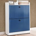 ABOUT SPACE Shoe Rack for Home - 3 ft 2 Tier Tilt Out Door Semi-UV Gloss Laminate DIY Engineered Wood Shoe Cabinet - Anti-tip Protection Removable Adjustable Panels for 12-15 Pairs - Blue &amp; White