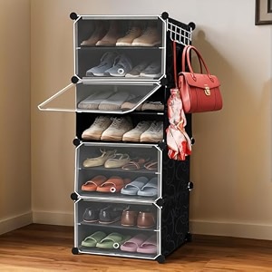 about space shoe rack organizer - 8 layer shoe stand with hanger amp door for home - diy 16 pair portable expandable 4 cube shoe stand for women men outdoor blue- l 80 x b 30 x h 90 cm - plastic