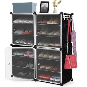 about space shoe stand with hanger amp door for home - portable expandable 4 cube shoe stand for boots heels - diy 24 pair flipflopslipper stand for women men outdoor black