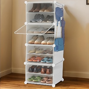 about space shoe rack for home with door - 16 pair diy slipper stand with hanger 4 cube expandable shelves closed shoes rack for home men women heels boots flip-flops white - l40 x b30 x h120 cm