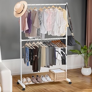 about space single pole double layer cloth rail - upper lower freestanding metal garment rack with caster wheels amp bottom storage - cloth stand for bedroom living room white l 100 x b 42 x h 1685cm