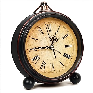 about space vintage alarm clock round silent analog table clock non-ticking with roman numerals hanging hook - battery powered for home office students kids bedroom - metal 13 x 175 cm