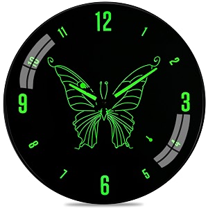 about space wall clock 1234 quartz analog clock - silent non-ticking glow in the dark butterfly radium clock-black