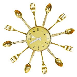 about space wall clock for home - 15 cutlery wall clock silent movement non-ticking analog clock for dining room kitchen living room cafe fork spoon decor shining golden finish plastic