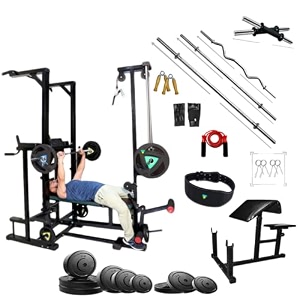 abs tower home gym with 45kg rubber weight plates preacher curl bench and heavy duty 2x4 inch steel frame for home exercise and fitness training black