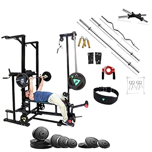 abs tower home gym bench with lat pulldown amp preacher curl heavy duty 4x2 inch steel frame 50kg rubber weight plates set for full body workout multicolour