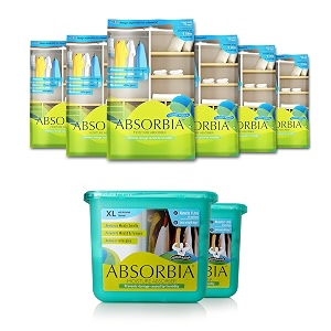 absorbia moisture absorber xl with activated charcoal  pack of 2 450 g x 2 boxes and absorbia hanging pouch - season pack of 6 440 gms x 6 pouches