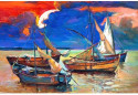 Artzfolio Abstract Artwork Of Fishing Boats & Sea D1 Unframed Paper Poster Paper Print (12 inch X 18 inch, Rolled)