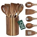 Acacia Utensil Set of 5 with Holder – Premium Wooden Cooking Utensils, Eco Friendly Acacia Wood Spatula & Spoon Set, Nonstick Safe Kitchen Tools