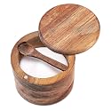 Acacia Wood Salt and Pepper Bowl, Nature Wood Salt Cellar and Spices Storage Box With Built-in Spoon and Magnetic Swivel Lid (Single Compartment 6.5 oz)