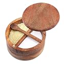 Acacia Wood Salt and Pepper Bowl, Nature Wood Salt Cellar and Spices Storage Box With Built-in Spoon and Magnetic Swivel Lid (Two Compartments 12 oz)