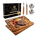Acacia Wooden Steak Plate Board Set with Knife Fork &amp; Sauce Cups 2 Set Pack