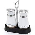 Accmor Salt and Pepper Shakers Set with Holder, 4 oz Stainless Steel Salt Pepper Shaker Containers with Glass Bottom for Kitchen Cooking, BBQ, Bar, Table, RV, Camp