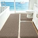 ACCUMTEK Upgrade Extra Large Dark Beige Bathroom Rug Set 3 Pieces Gray Ultra Soft, Thick Absorbent Bath Mats, Non Slip Chenille Toilet Mat Bathroom, Bedroom, Kitchen, Taupe