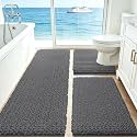 ACCUMTEK Upgrade Extra Large Grey Bathroom Rug Set 3 Pieces Gray Ultra Soft, Thick Absorbent Bath Mats, Non Slip Chenille Toilet Mat for Bathroom, Bedroom, Kitchen, Charcoal