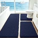 ACCUMTEK Upgrade Extra Large Navy Blue Bathroom Rug Set 3 Pieces Ultra Soft, Thick Absorbent Bath Mats, Non Slip Chenille Toilet Mat for Bathroom, Bedroom, Kitchen