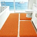 ACCUMTEK Upgrade Extra Large Orange Bathroom Rug Set 3 Pieces Ultra Soft, Thick Absorbent Bath Mats, Non Slip Chenille Toilet Mat for Bathroom, Bedroom, Kitchen
