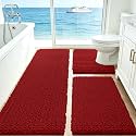 ACCUMTEK Upgrade Extra Large Red Bathroom Rug Set 3 Pieces Ultra Soft, Thick Absorbent Bath Mats, Non Slip Chenille Toilet Mat for Bathroom, Bedroom, Kitchen
