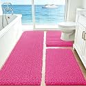 ACCUMTEK Upgrade Extra Large Shiny Pink Bathroom Rug Set 3 Pieces Ultra Soft, Thick Absorbent Bath Mats, Non Slip Chenille Toilet Mat for Bathroom, Bedroom, Kitchen