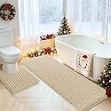 ACCUMTEK Upgrade Luxury 2 Piece Beige Toilet Bathroom Rug Mat U Shape 24"x20"+48"x20", Ultra Soft Thick Absorbent Bath Mats, Non Slip Chenille Toilet Mat for Bathroom, Bedroom, Kitchen, Shower, Tub