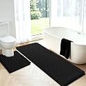 ACCUMTEK Upgrade Luxury 2 Piece Black Toilet Bathroom Rug Mat U Shape 24"x20"+48"x20", Ultra Soft Thick Absorbent Bath Mats, Non Slip Chenille Toilet Mat for Bathroom, Bedroom, Kitchen, Shower, Tub
