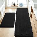 ACCUMTEK Upgrade Luxury 2 Piece Black Toilet Bathroom Rug Mat 60"x20"+32"x20", Ultra Soft Thick Absorbent Bath Mats, Non Slip Chenille Toilet Mat for Bathroom, Bedroom, Kitchen, Shower, Tub