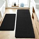 ACCUMTEK Upgrade Luxury 2 Piece Black Toilet Bathroom Rug Mat 48"x20"+24"x17", Ultra Soft Thick Absorbent Bath Mats, Non Slip Chenille Toilet Mat for Bathroom, Bedroom, Kitchen, Shower, Tub