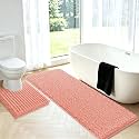 ACCUMTEK Upgrade Luxury 2 Piece Coral Toilet Bathroom Rug Mat U Shape 24"x20"+48"x20", Ultra Soft Thick Absorbent Bath Mats, Non Slip Chenille Toilet Mat for Bathroom, Bedroom, Kitchen, Shower, Tub