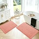 ACCUMTEK Upgrade Luxury 2 Piece Coral Toilet Bathroom Rug Mat 32"x20"+24"x17", Ultra Soft Thick Absorbent Bath Mats, Non Slip Chenille Toilet Mat for Bathroom, Bedroom, Kitchen, Shower, Tub