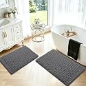 ACCUMTEK Upgrade Luxury 2 Piece Dark Gray Toilet Bathroom Rug Mat 32"x20"+24"x17", Ultra Soft Thick Absorbent Bath Mats, Non Slip Chenille Toilet Mat for Bathroom, Bedroom, Kitchen, Shower, Tub
