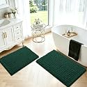 ACCUMTEK Upgrade Luxury 2 Piece Deep Green Toilet Bathroom Rug Mat 32"x20"+24"x17", Ultra Soft Thick Absorbent Bath Mats, Non Slip Chenille Toilet Mat for Bathroom, Bedroom, Kitchen, Shower, Tub