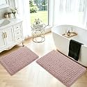 ACCUMTEK Upgrade Luxury 2 Piece Dusty Pink Toilet Bathroom Rug Mat 32"x20"+24"x17", Ultra Soft Thick Absorbent Bath Mats, Non Slip Chenille Toilet Mat for Bathroom, Bedroom, Kitchen, Shower, Tub