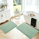 ACCUMTEK Upgrade Luxury 2 Piece Sage Green Toilet Bathroom Rug Mat 32"x20"+24"x17", Ultra Soft Thick Absorbent Bath Mats, Non Slip Chenille Toilet Mat for Bathroom, Bedroom, Kitchen, Shower, Tub