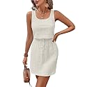 Acelitt Spring Summer Tank Dresses for Women 2026 Hollow Out Textured Drawstring Mini Dress