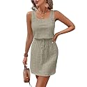 Acelitt Spring Summer Tank Dresses for Women 2026 Hollow Out Textured Drawstring Mini Dress