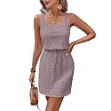 Acelitt Spring Summer Tank Dresses for Women 2026 Hollow Out Textured Drawstring Mini Dress