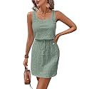 Acelitt Spring Summer Tank Dresses for Women 2026 Hollow Out Textured Drawstring Mini Dress