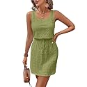 Acelitt Spring Summer Tank Dresses for Women 2026 Hollow Out Textured Drawstring Mini Dress