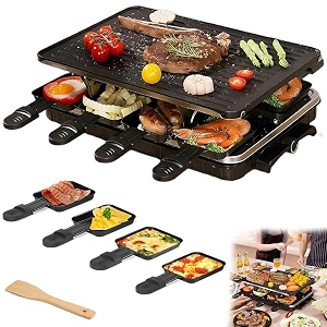 2-in-1 raclette grill and electric griddle - indoor smokeless 1300w grill with reversible nonstick plate 8 raclette cheese pans adjustable temperature control for family dining