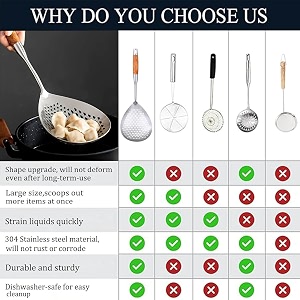 acrown multifunctional wooden handle strainer spatula skimmer slotted spoon 304 stainless steel pasta strainerfrying spoon brown 2
