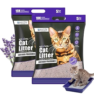 activated cat litter lavender - 5 kg bentonite clay cat essentials  natural low dust  quick-clumping scoopable  odour locking with lavender  hygiene for cats  pack of 2
