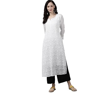 Ada Hand Embroidered Lucknowi Chikankari Kota Kurta