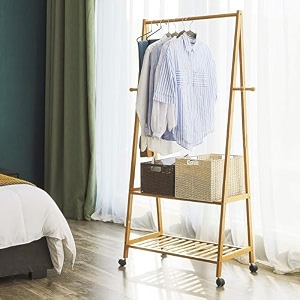 ada handicraft premium bamboo clothes stand for bedroom with 2-tier clothing rack and 4 side hooks for hanging clothes size-73 x 45 x 160cm
