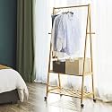 ADA Handicraft® Premium Bamboo Clothes Stand for Bedroom with 2-Tier Clothing Rack and 4 Side Hooks for Hanging Clothes Size-(73 x 45 x 160cm)